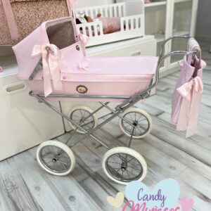 Coche de capota rosa para muñecas de 62 cm de altura manillar fabricado en España con bolso panera - MINI SWEET LOVE