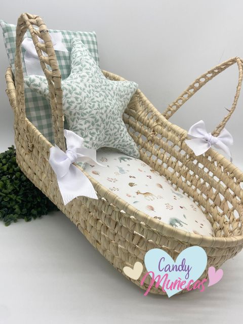 Capazo Palma Para Muñecas y Muñecos 50 cm Estampado Verde