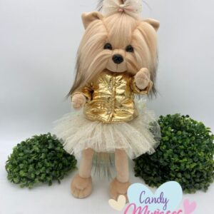 Muñeco bebé Yorkshire Peluche de 40 cm - FALDA TUL BRILLO Y PLUMA DORADO