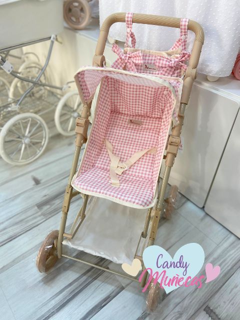 Silla de paseo con capota para muñecas con manillar regulable de 54 a 67cm con bolso - ROSA VICHY