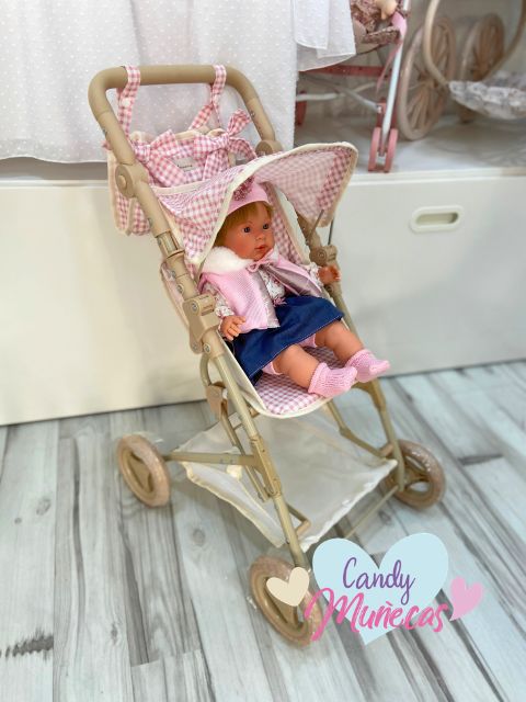 Silla de paseo con capota para muñecas con manillar regulable de 54 a 67cm con bolso - ROSA VICHY