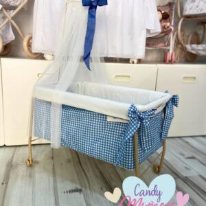 Moisés cuna con dosel para muñecas vichy azul fabricado en España