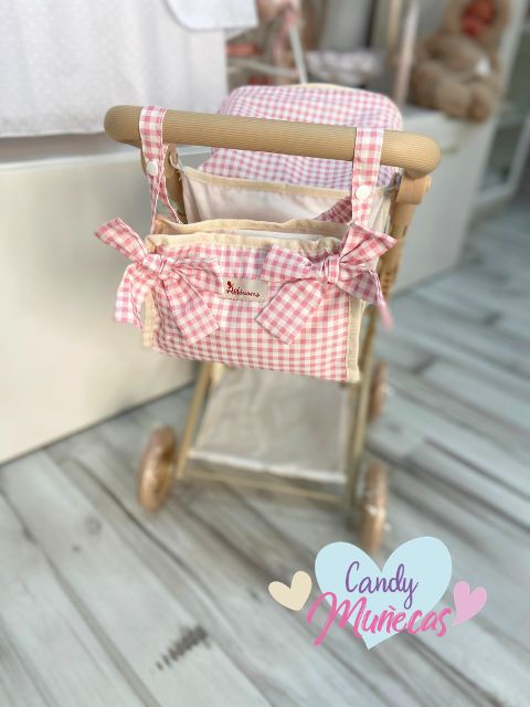 Silla de paseo con capota para muñecas con manillar regulable de 54 a 67cm con bolso - ROSA VICHY