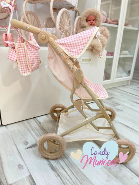 Silla de paseo con capota para muñecas con manillar regulable de 54 a 67cm con bolso - ROSA VICHY