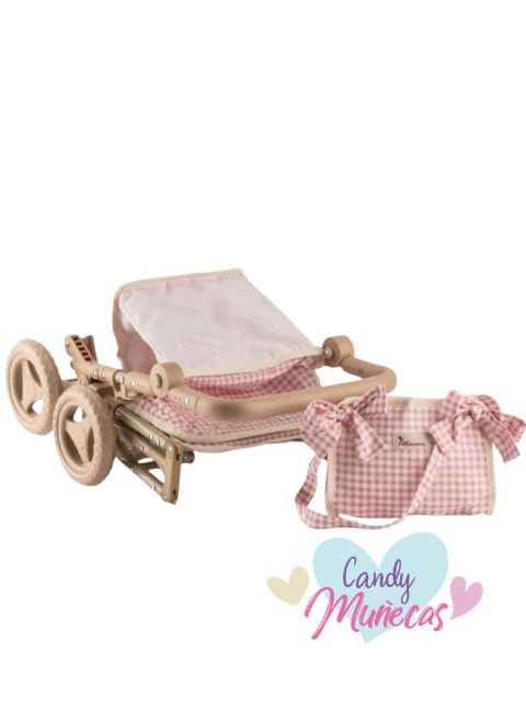 Silla de paseo con capota para muñecas con manillar regulable de 54 a 67cm con bolso - ROSA VICHY